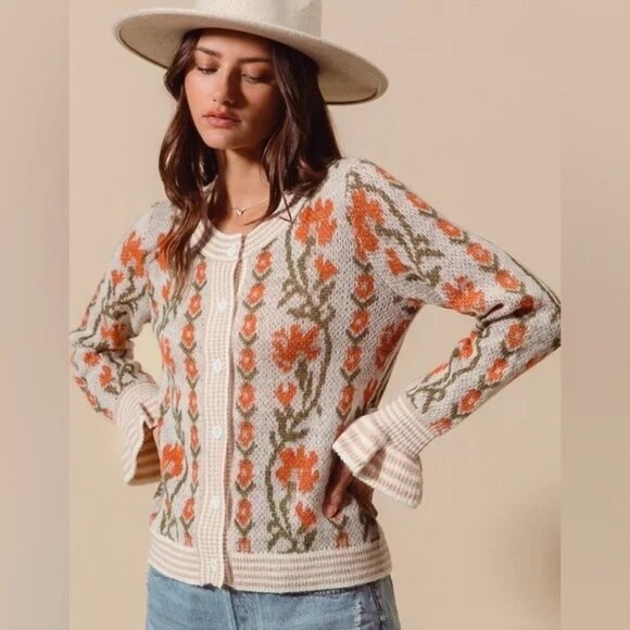 So Me Floral Intarsia Button-Up Sweater Cardigan Size S - Picture 4 of 11